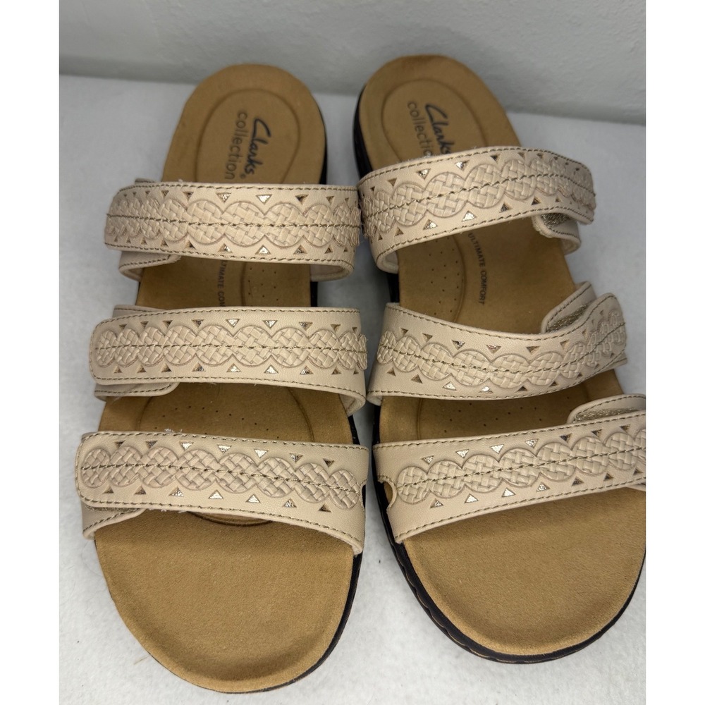 Clarks Laurieann Cove Sand Leather Slide Sandals Womens 9W Wide Comfort Braided